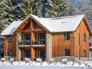 a log home in the snow at SeeZeit am Pressegger See in Lake Pressegg