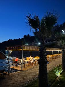a palm tree in front of a restaurant at night at Hotel Brigeni & Camping Riviera in Shëngjin