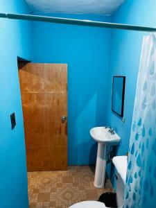 a blue bathroom with a toilet and a sink at Hospedaje Alex in Real de Catorce