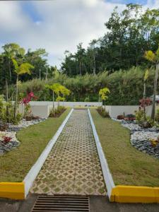 a walkway in a garden with rocks and trees at City View Luxe Condo in Mandeville +14 photos