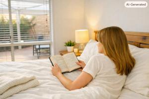 a woman laying in bed reading a book at Canberra Stylish Escape in Harrison