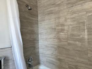 a bathroom with a shower with a toilet and a sink at Grand Union Hotel in Coleman +15 photos