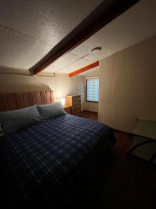 a bedroom with a bed with a blue comforter and a window at Departamento la espiga in Chaitén
