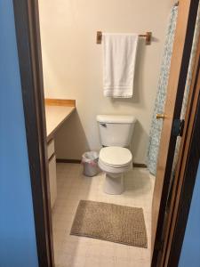 a bathroom with a toilet and a towel at Central Comfort Duplex in Moses Lake +8 photos