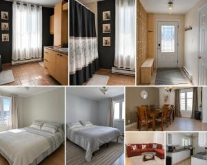 a collage of photos of a bedroom and a living room at Chez nous ailleurs in Sainte-Anne-des-Monts