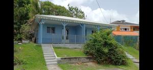 a blue house with a gate and stairs in front of it at Blue Dream in Morne Blanc
