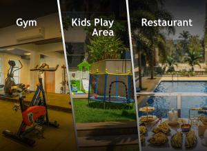 a collage of three pictures of a house with a pool at Hotel Carnival The Goa in Pilerne
