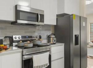 a kitchen with a stove and a refrigerator at Deluxe suite in Portmore