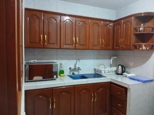 a kitchen with wooden cabinets and a sink and a microwave at La Posada del Inca Chavin in Chavín de Huantar