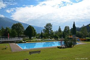 a large swimming pool in a park with a bench at Haus Obermoser in Dellach im Drautal