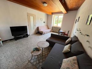 a living room with a couch and a tv at Gîte des collines in Saint-Donat-sur-lʼHerbasse