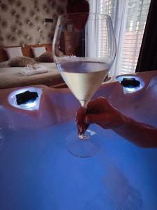 a person holding a glass of wine in a bath tub at Srnčí vrch in Batňovice