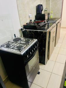 a kitchen with a black stove and a counter at Haven one bedroom in Busia