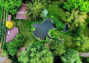an aerial view of a park with a pond at Biotop Kotlyk in Netvořice