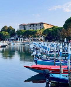 a group of boats docked in a harbor with a building at FilandaLago apartment in Iseo