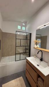a bathroom with a tub and a sink and a shower at Le cocon du pas de Lauzens in Aouste-sur-Sye
