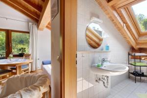a bathroom with a sink and a mirror at Ferienwohnungen Im Försterhaus in Lonsee +119 photos