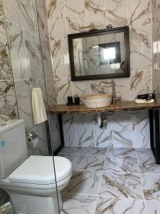 a bathroom with a toilet and a mirror at MAİ Sarıgerme in Sarigerme +34 photos