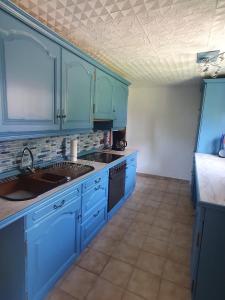 a kitchen with blue cabinets and a sink at Historisches Ferienhaus Tönchen in Rinteln