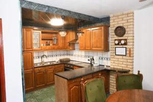 a kitchen with wooden cabinets and a counter top at Villa Ferra in Virovitica
