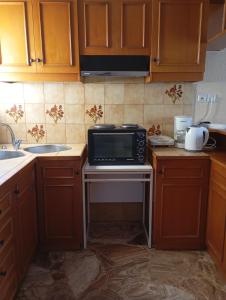 a kitchen with a microwave on a stove at Avra in Artemida