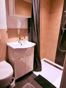 a bathroom with a sink and a toilet and a shower at Apartmenthaus Schlanow in Detmold +20 photos