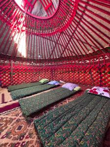 a group of four green mats in a yurt at Yurtcamp AltynBalyk in Chayek +63 photos