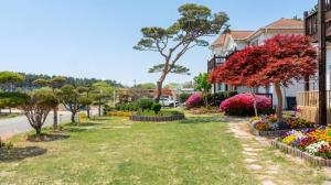 a park in front of a house with flowers at Taean Ocean Stay Pension in Taean