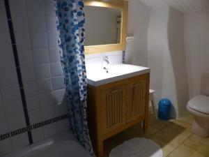 a bathroom with a sink and a shower curtain at Brimborion in Alba-la-Romaine