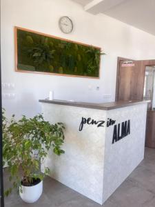a counter with a plant and a clock on the wall at Penzión Alma in Poprad