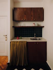 a kitchen with a sink and wooden cabinets at Longchamps l Zamalek l Boutique Hotel with Breakfast in Cairo +82 photos