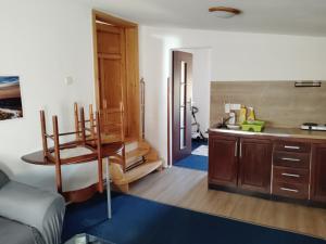 a room with a kitchen with a sink and a table at Cimra in Varnsdorf
