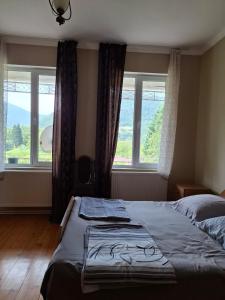 a bedroom with a bed and two windows at Villa Borjomi in Akhaldaba