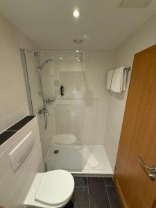 a white bathroom with a toilet and a shower at Hotel Belmondo Leipzig Airport by Mayburgh in Wiedemar +37 photos