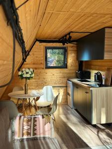 a kitchen and a table in a cabin at Glamping baytik in Verkhnyaya Alaarcha