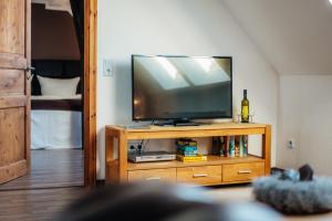a flat screen tv sitting on top of a wooden entertainment center at Fichtenblick in Sankt Andreasberg