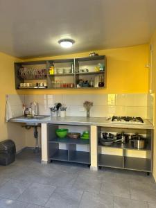 a kitchen with yellow walls and a counter top at MANGO hotel in Zatoka +14 photos