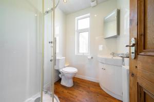 a bathroom with a toilet and a sink and a shower at Meadowview in Lochearnhead