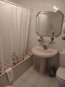 a bathroom with a sink and a mirror and a toilet at Hosteria De Quijas in Quijas +40 photos
