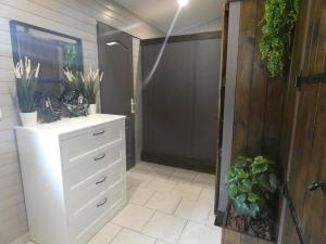 a bathroom with a dresser and a closet with plants at Le résinier in Mimizan