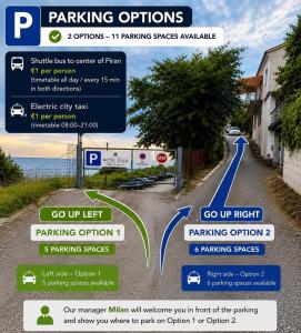 a sign for a parking option on a road at Piran Rooftop Apartments in Piran