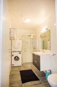 ein Badezimmer mit einem Waschbecken und einer Waschmaschine in der Unterkunft Frogner House - Langgata 4 in Stavanger