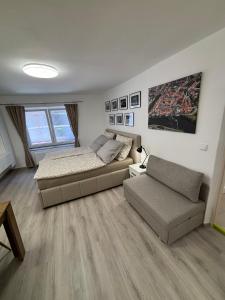 a living room with a bed and a couch at Apartmán 1, Heydukovka in Písek