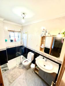 a bathroom with a toilet and a sink and a shower at Quarto em Bragança in Bragança