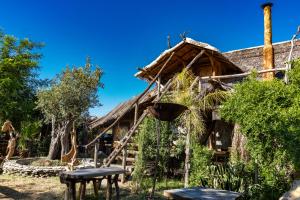 a house with a thatched roof with two benches in front at Astoha in Durrës