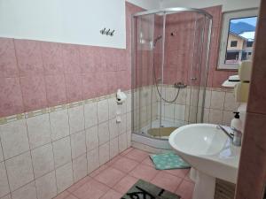 a pink bathroom with a shower and a sink at Pensiunea Sanlex in Bicaz +9 photos