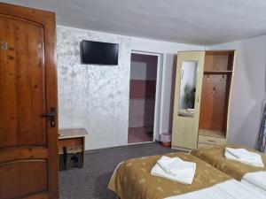 a hotel room with two beds and a television on the wall at Pensiunea Sanlex in Bicaz
