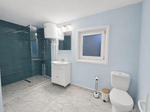 a bathroom with a toilet and a shower and a sink at Danube Exclusiv in Calafat