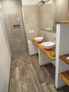 a bathroom with two sinks and a shower at Le Cocon de Mollien avec Cour in Calais