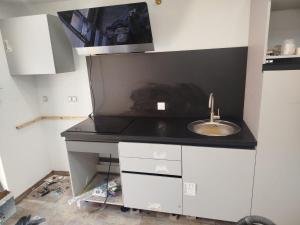a bathroom counter with a sink in a room at Le Cocon de Mollien avec Cour in Calais